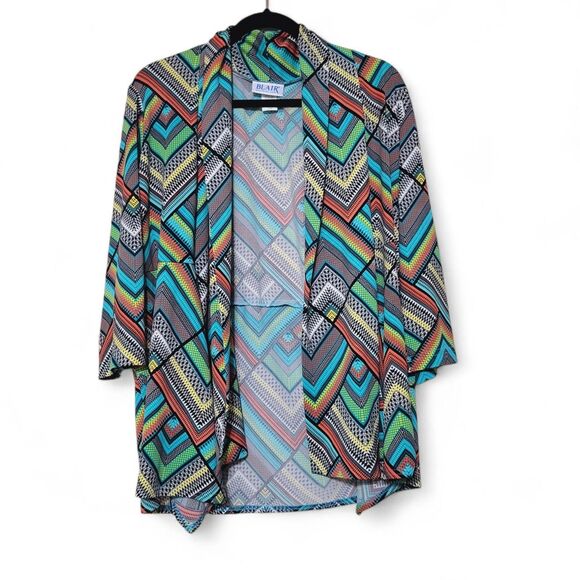 Blair Womens Artsy Multicolor Fluid Knit Open Front Shawl Collar Cardigan 3/4 L - Picture 1 of 7